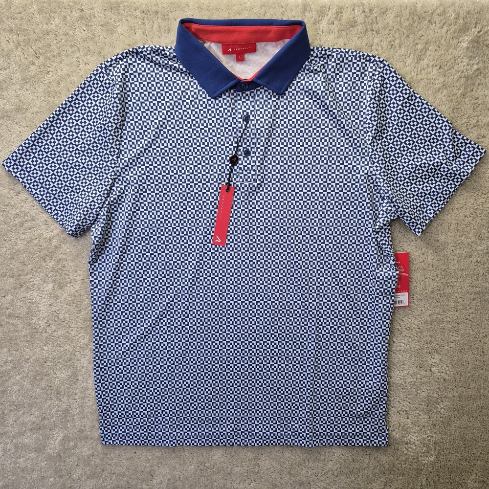 Redvanly Polo Shirt Mens Large Blue Geometric Stretch Performance Golf Preppy - Picture 2 of 9